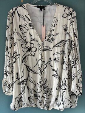 Tamara H Off White Black Gold Floral V Neck 3/4 Sleeve Blouse Metallic Boho 2X